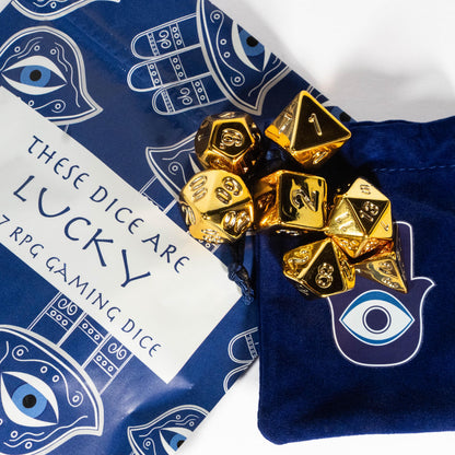 Lucky RPG TTRPG Dice Set | Golden Polyhedral D20 D12 D10 D8 D6 D4, DND Set | Funny Dice Goblin Gift