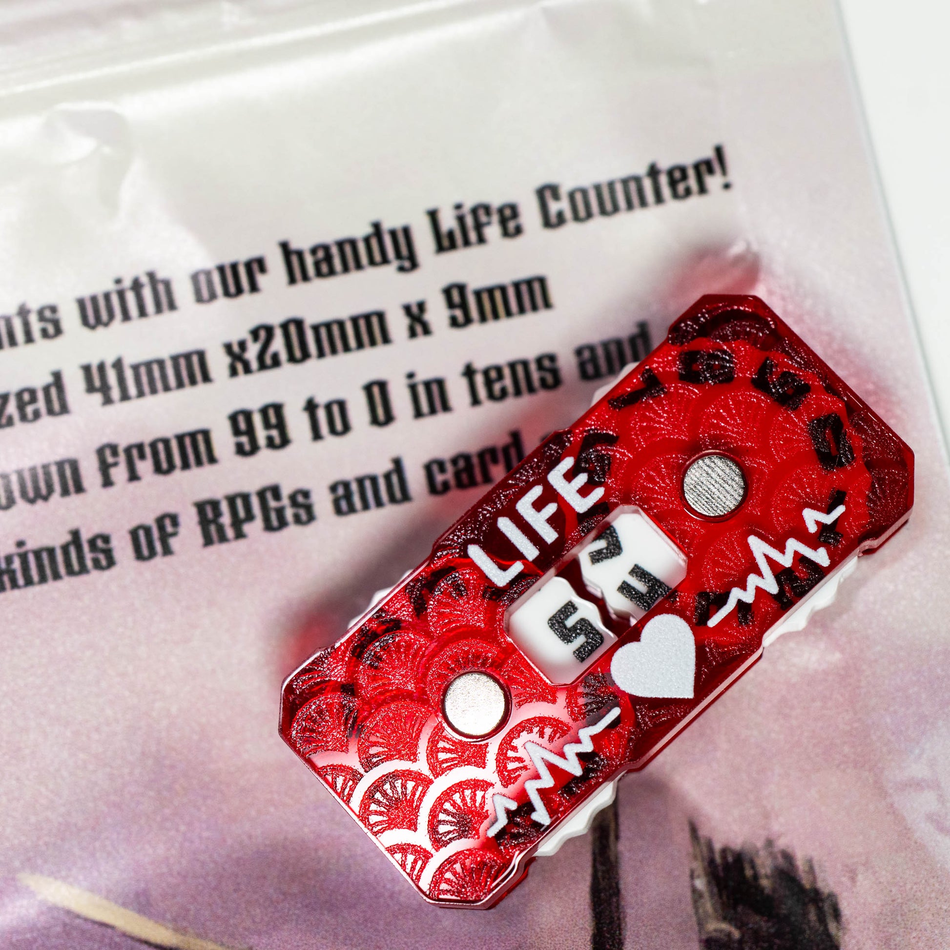 red 0 to 99 life counter or wound tracker for Magic the Gathering or mtg, as well as dungeons and dragons (aka dnd or d&d), and other customizable card games or ccg