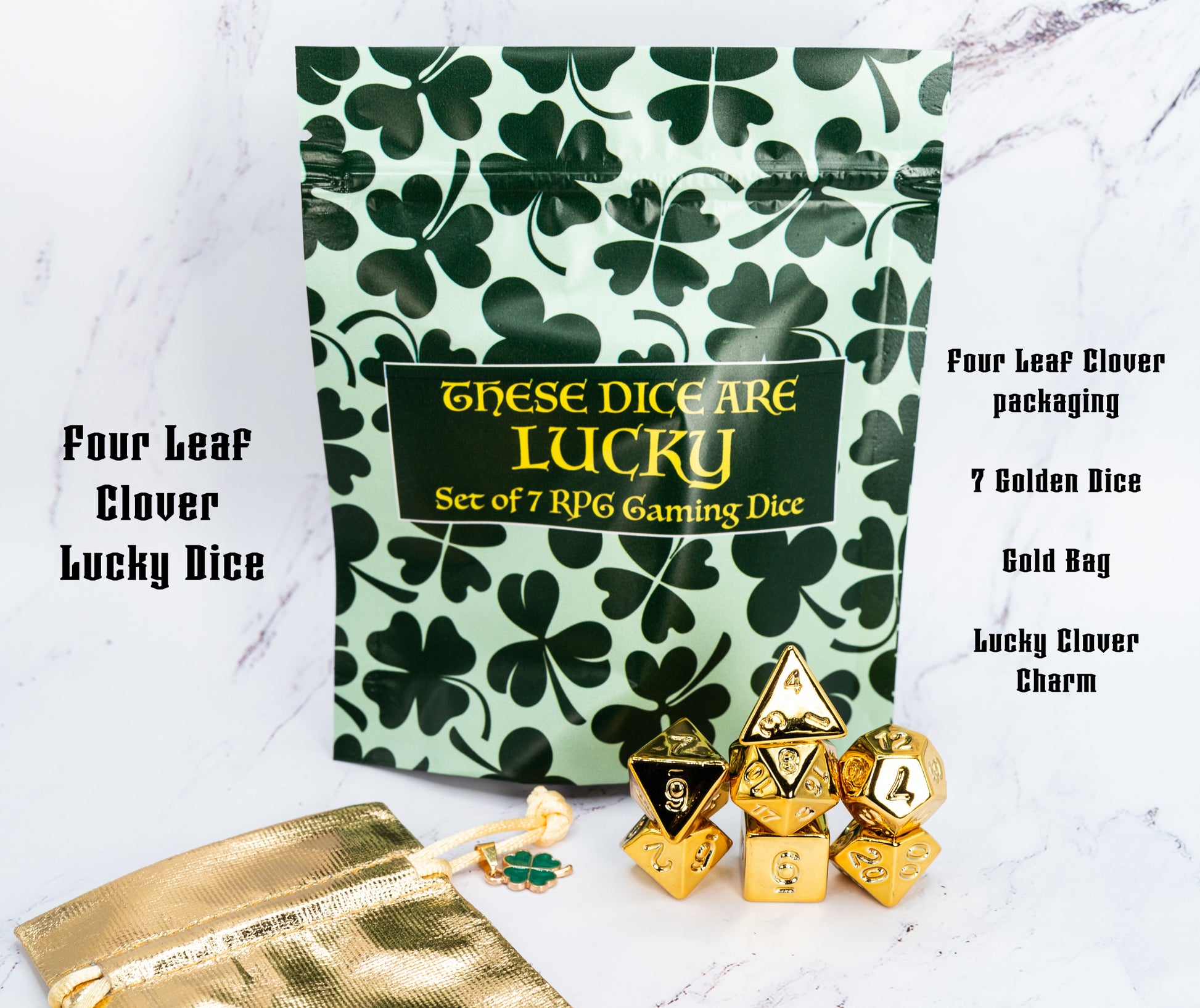 these dice are lucky golden acrylic four leaf clover dungeons and dragons (aka dnd or d&d) game dice set, including a d20, d12, d10, d8, d6, and d4