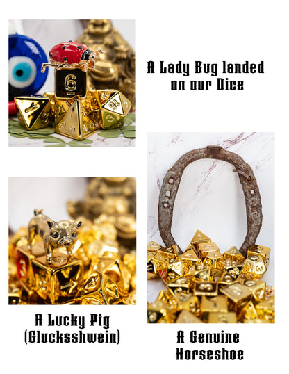 these dice are lucky golden acrylic dungeons and dragons (aka dnd or d&d) game dice set, including a d20, d12, d10, d8, d6, and d4