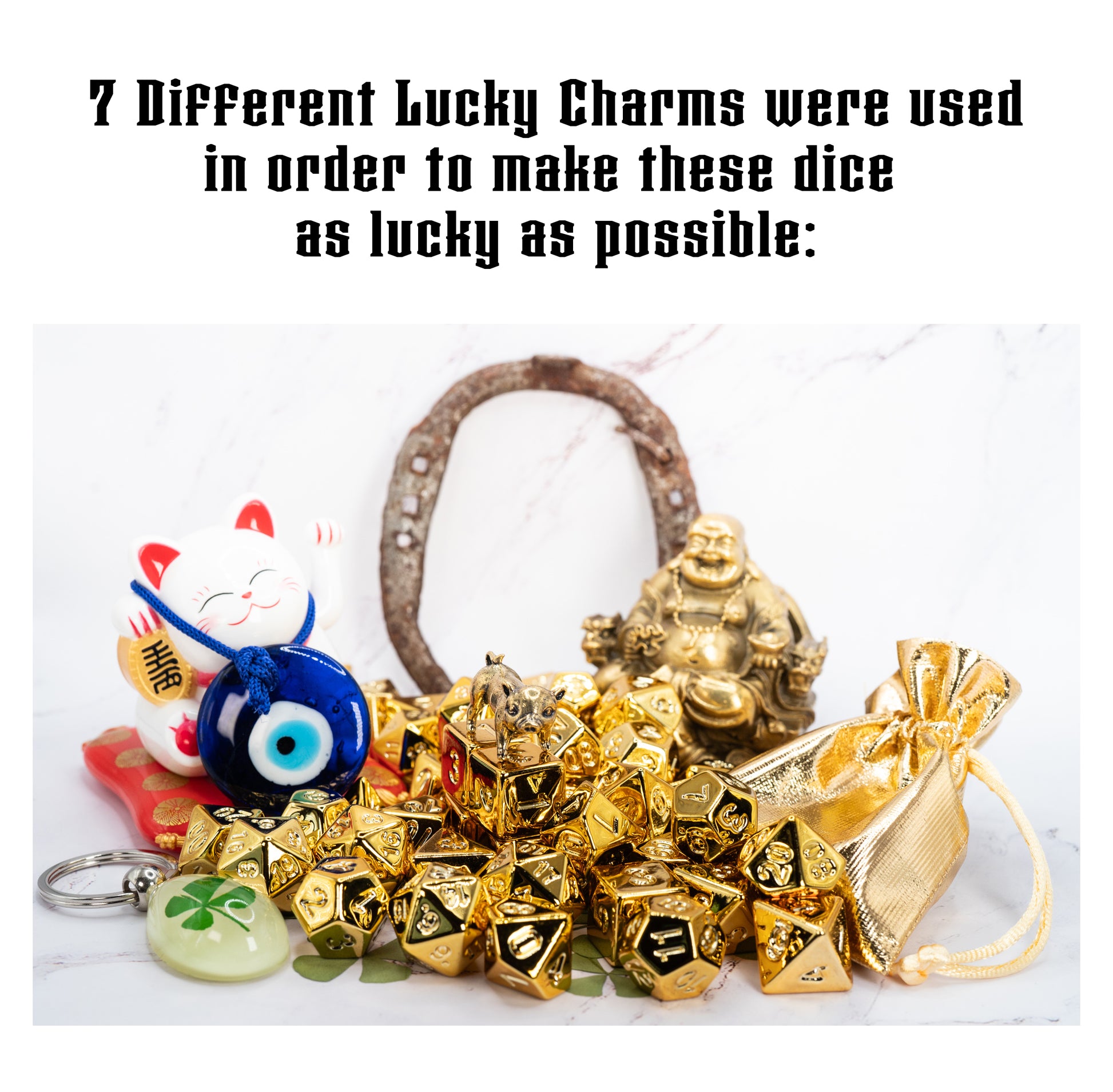 these dice are lucky golden acrylic dungeons and dragons (aka dnd or d&d) game dice set, including a d20, d12, d10, d8, d6, and d4