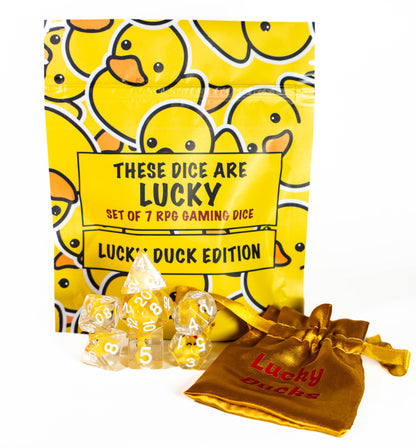 these dice are lucky resin duck dungeons and dragons (aka dnd or d&d) game dice set, including a d20, d12, d10, d8, d6, and d4