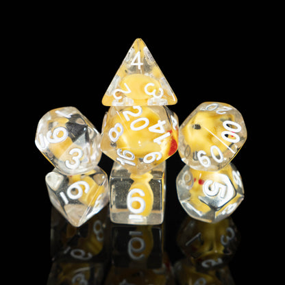 these dice are lucky resin duck dungeons and dragons (aka dnd or d&d) game dice set, including a d20, d12, d10, d8, d6, and d4