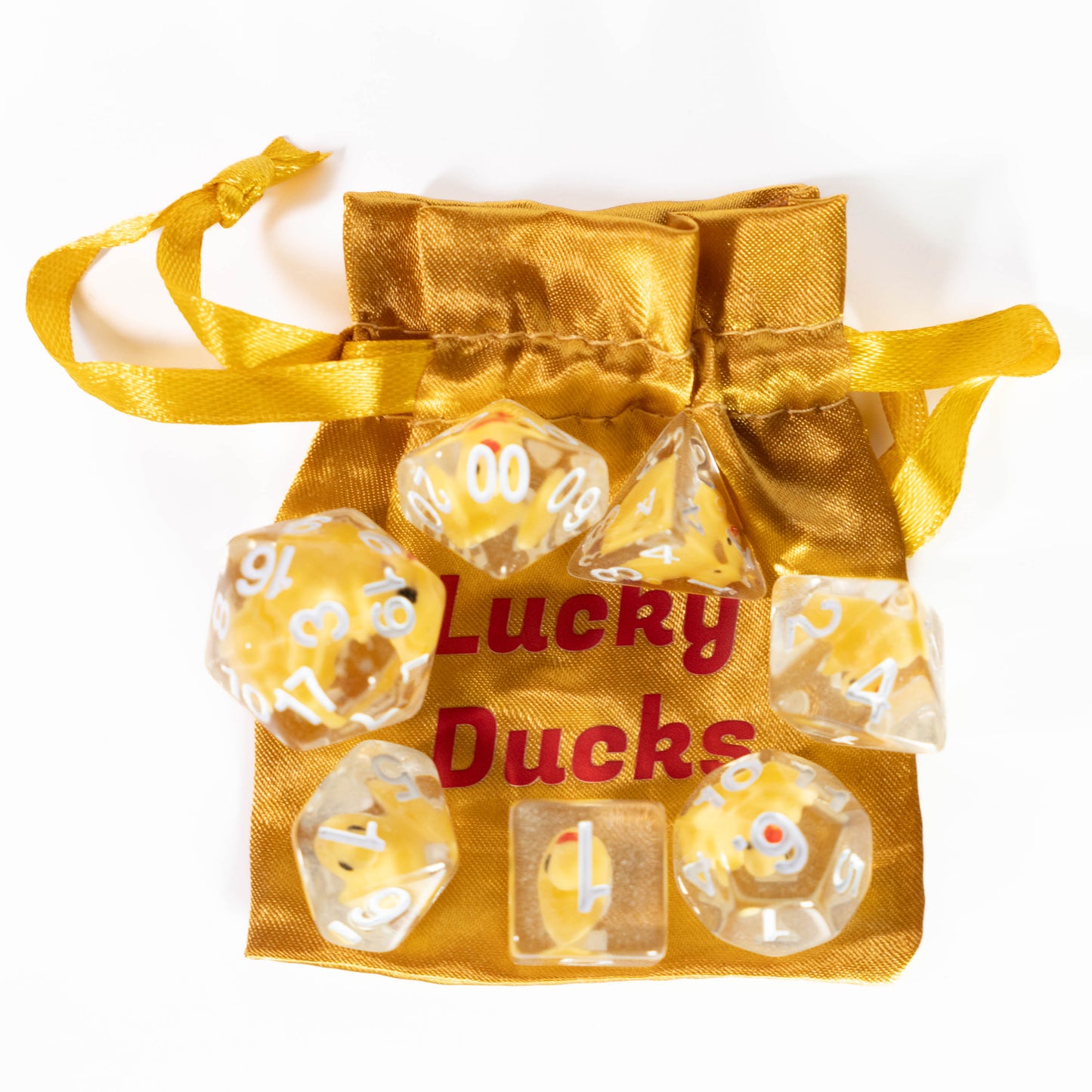 these dice are lucky resin duck dungeons and dragons (aka dnd or d&d) game dice set, including a d20, d12, d10, d8, d6, and d4