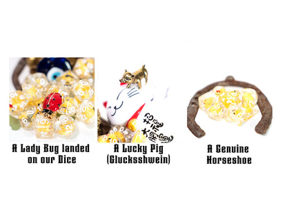 these dice are lucky resin duck dungeons and dragons (aka dnd or d&d) game dice set, including a d20, d12, d10, d8, d6, and d4