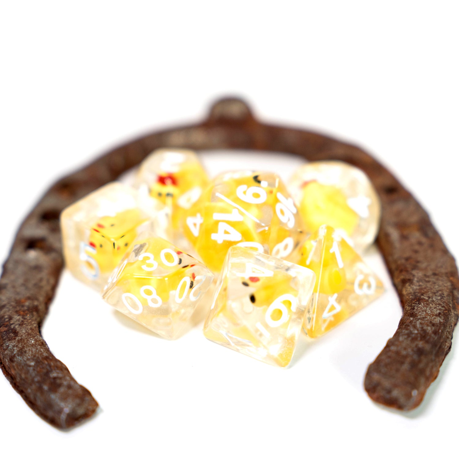 lucky duck resin dungeons and dragons (aka dnd or d&d) game dice set, including 1d20, d12, d10, d8, d6, d4, with a rusty old horseshoe

