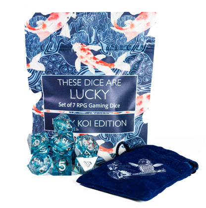 these dice are lucky sharp edge resin koi fish dungeons and dragons (aka dnd or d&d) game dice set, including a d20, d12, d10, d8, d6, and d4