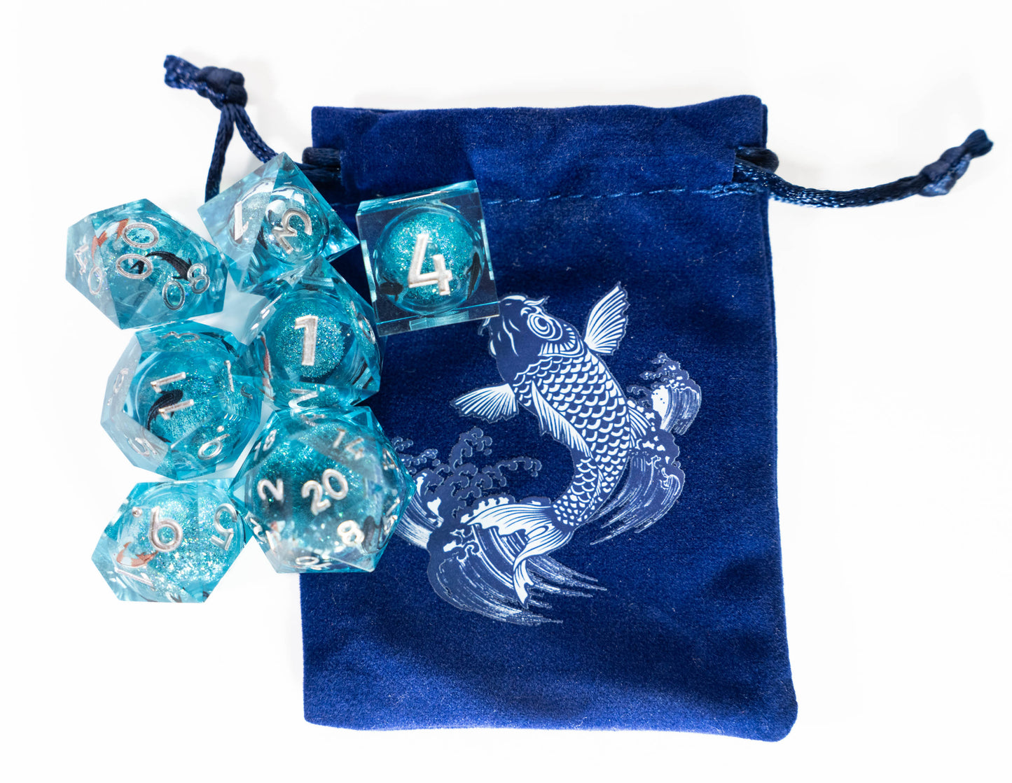 these dice are lucky sharp edge resin koi fish dungeons and dragons (aka dnd or d&d) game dice set, including a d20, d12, d10, d8, d6, and d4
