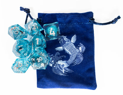 these dice are lucky sharp edge resin koi fish dungeons and dragons (aka dnd or d&d) game dice set, including a d20, d12, d10, d8, d6, and d4