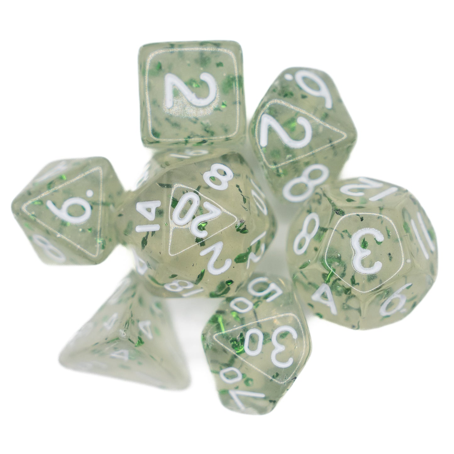 green glitter mini dnd dice set