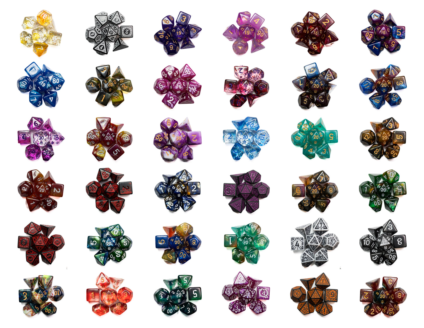 mystery acrylic dungeons and dragons (aka dnd or d&d) game dice set, including a d20, d12, d10, d8, d6, and d4