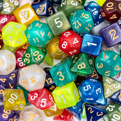 mystery acrylic dungeons and dragons (aka dnd or d&d) game dice set, including a d20, d12, d10, d8, d6, and d4