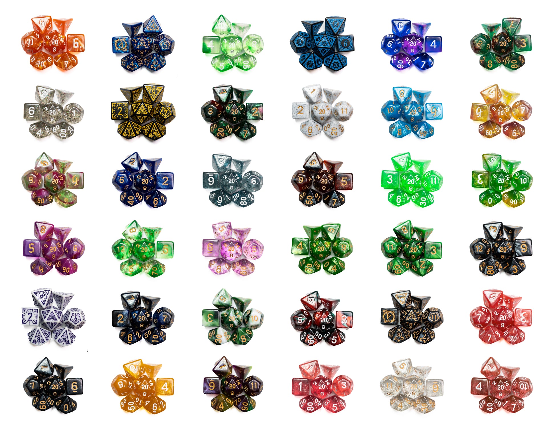 mystery acrylic dungeons and dragons (aka dnd or d&d) game dice set, including a d20, d12, d10, d8, d6, and d4