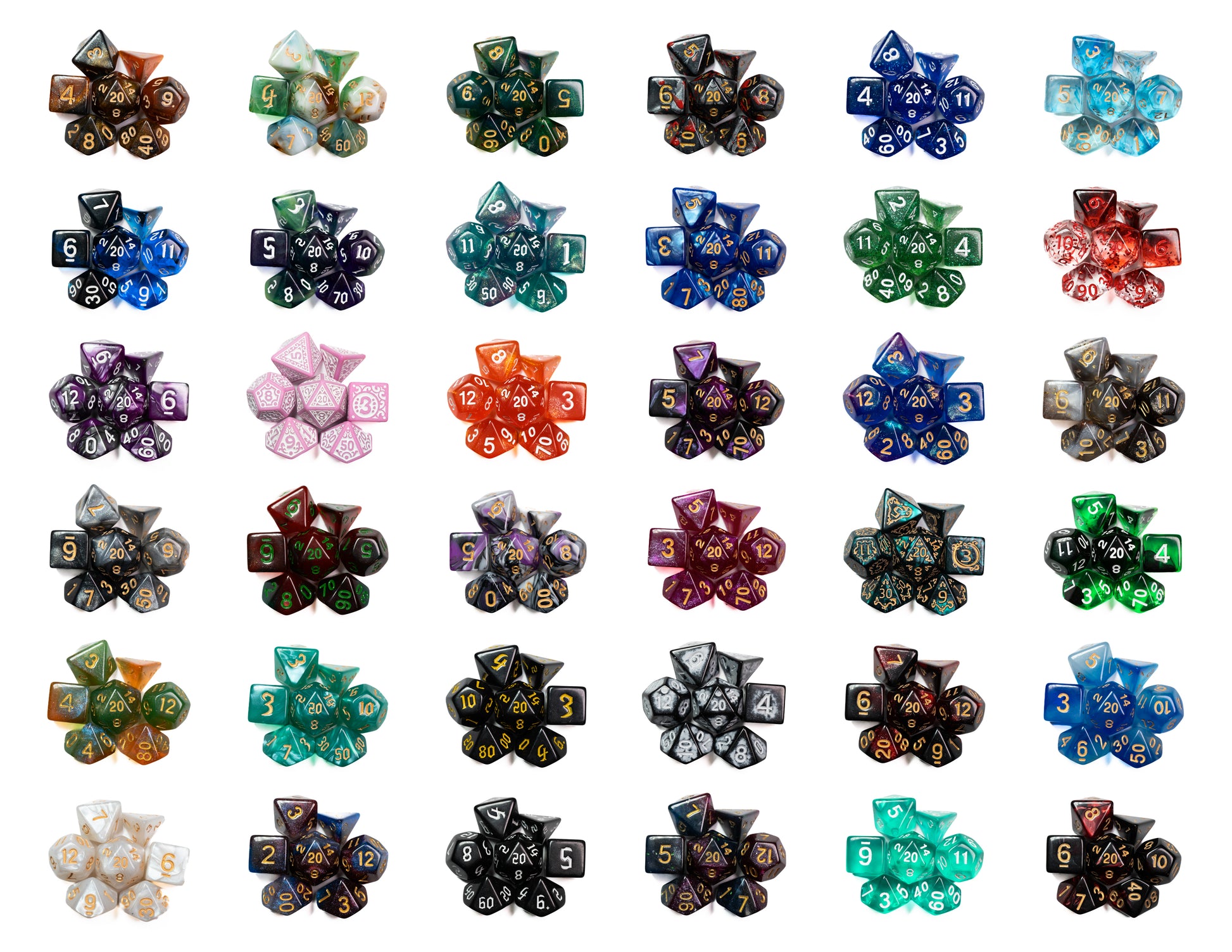 mystery acrylic dungeons and dragons (aka dnd or d&d) game dice set, including a d20, d12, d10, d8, d6, and d4