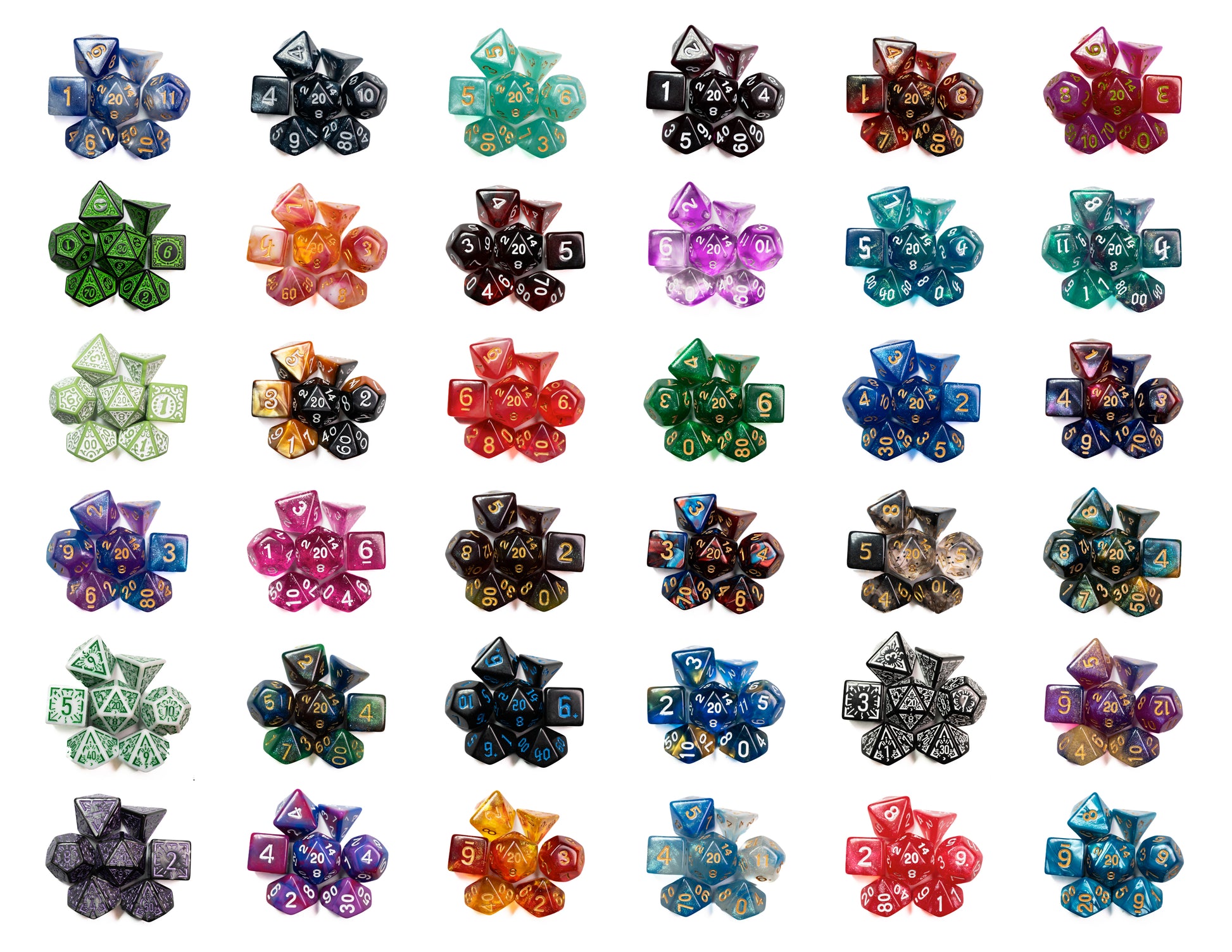 mystery acrylic dungeons and dragons (aka dnd or d&d) game dice set, including a d20, d12, d10, d8, d6, and d4