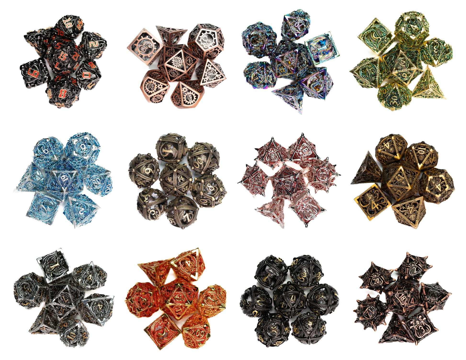 mystery hollow metal dungeons and dragons (aka dnd or d&d) game dice set, including a d20, d12, d10, d8, d6, and d4