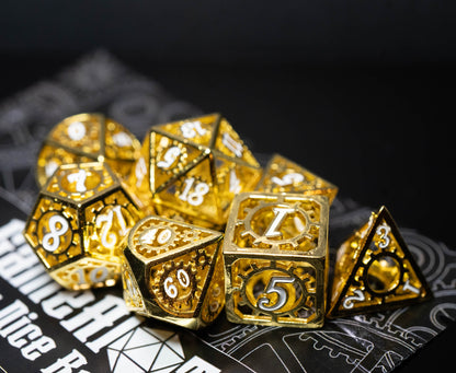 mystery hollow metal dungeons and dragons (aka dnd or d&d) game dice set, including a d20, d12, d10, d8, d6, and d4