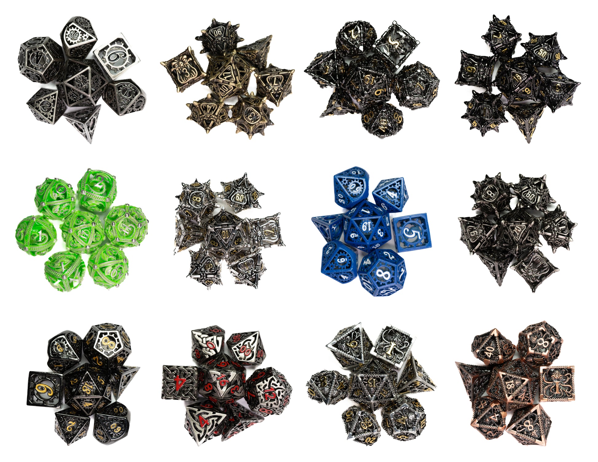 mystery hollow metal dungeons and dragons (aka dnd or d&d) game dice set, including a d20, d12, d10, d8, d6, and d4