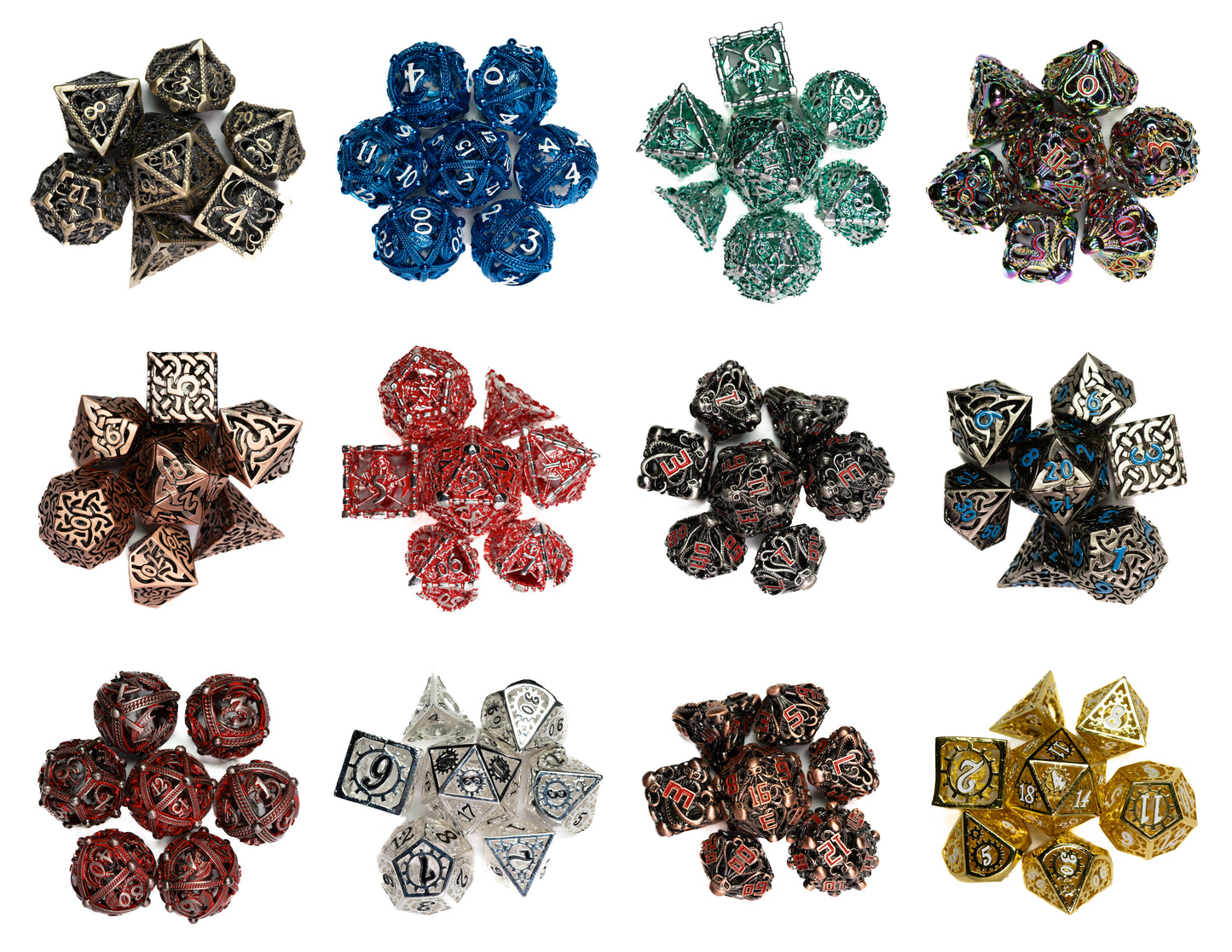 mystery hollow metal dungeons and dragons (aka dnd or d&d) game dice set, including a d20, d12, d10, d8, d6, and d4