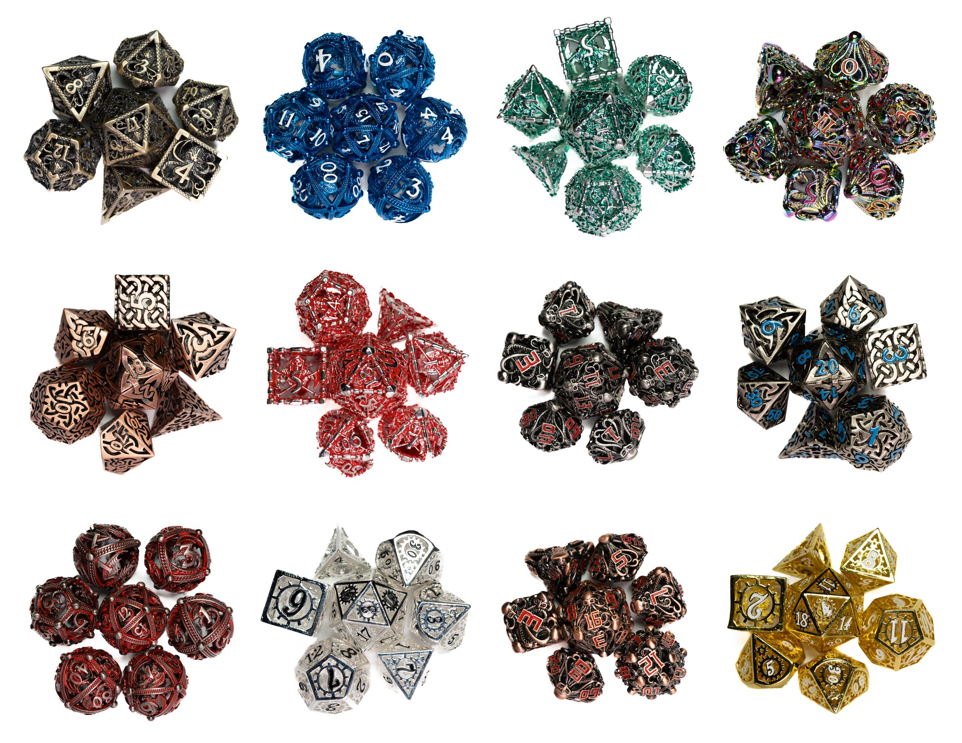 mystery hollow metal dungeons and dragons (aka dnd or d&d) game dice set, including a d20, d12, d10, d8, d6, and d4