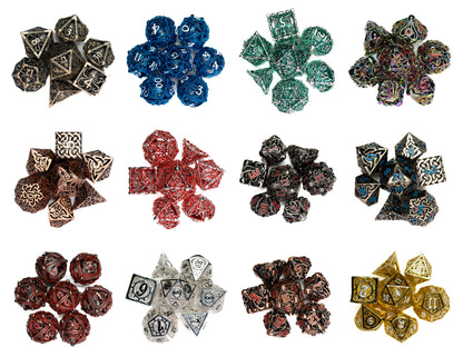 mystery hollow metal dungeons and dragons (aka dnd or d&d) game dice set, including a d20, d12, d10, d8, d6, and d4