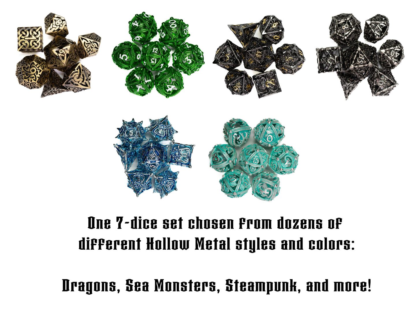 mystery hollow metal dungeons and dragons (aka dnd or d&d) game dice set, including a d20, d12, d10, d8, d6, and d4