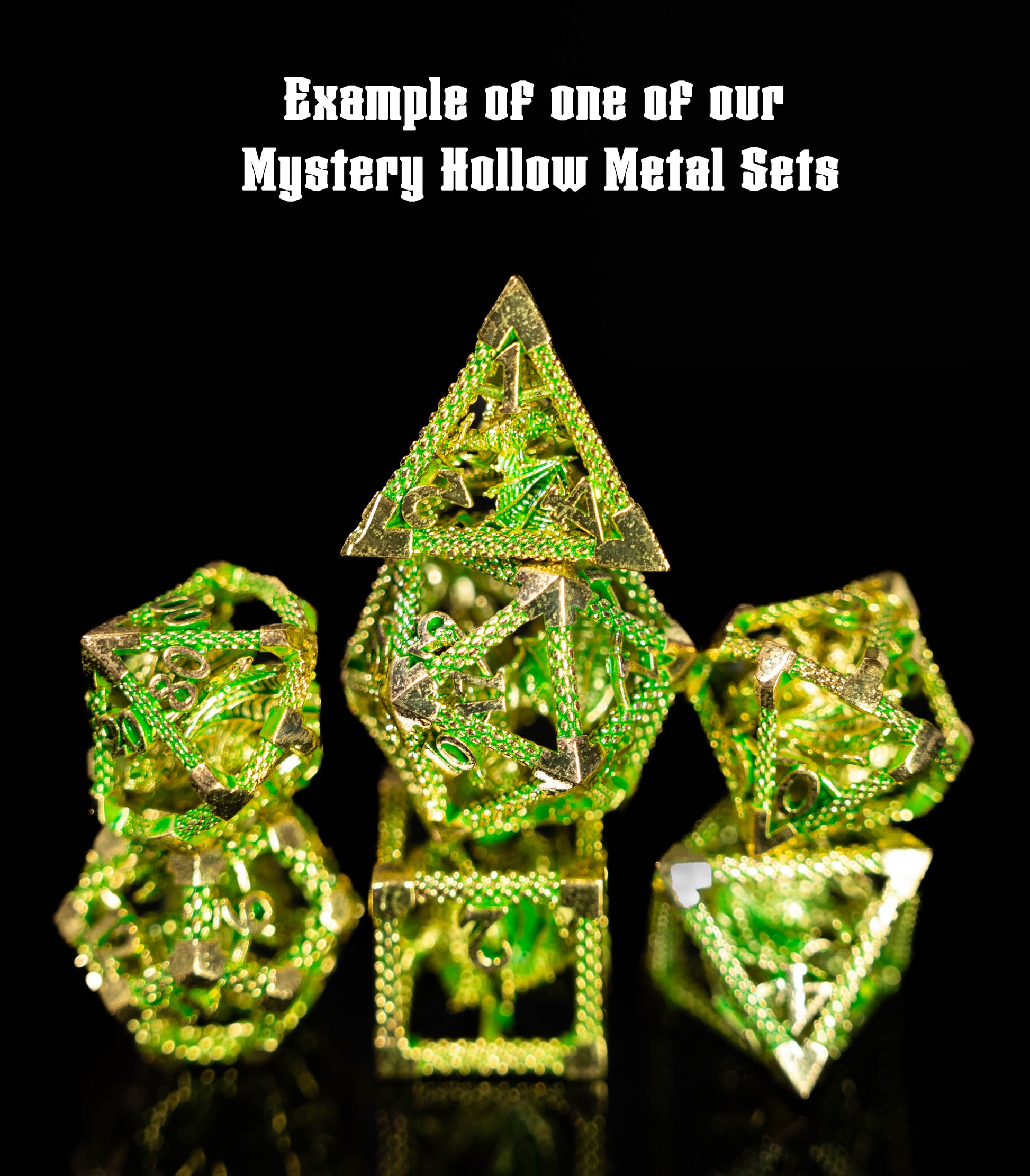 mystery hollow metal dungeons and dragons (aka dnd or d&d) game dice set, including a d20, d12, d10, d8, d6, and d4