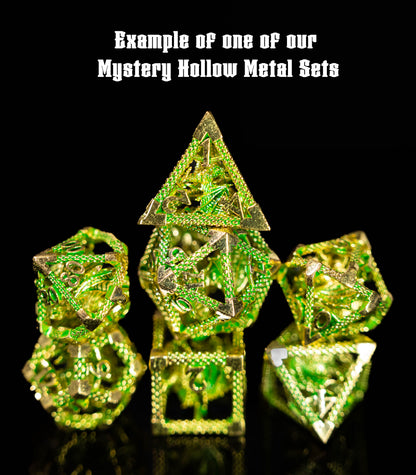 mystery hollow metal dungeons and dragons (aka dnd or d&d) game dice set, including a d20, d12, d10, d8, d6, and d4