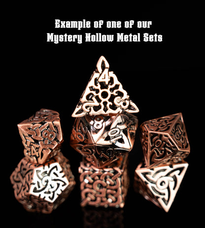 mystery hollow metal dungeons and dragons (aka dnd or d&d) game dice set, including a d20, d12, d10, d8, d6, and d4