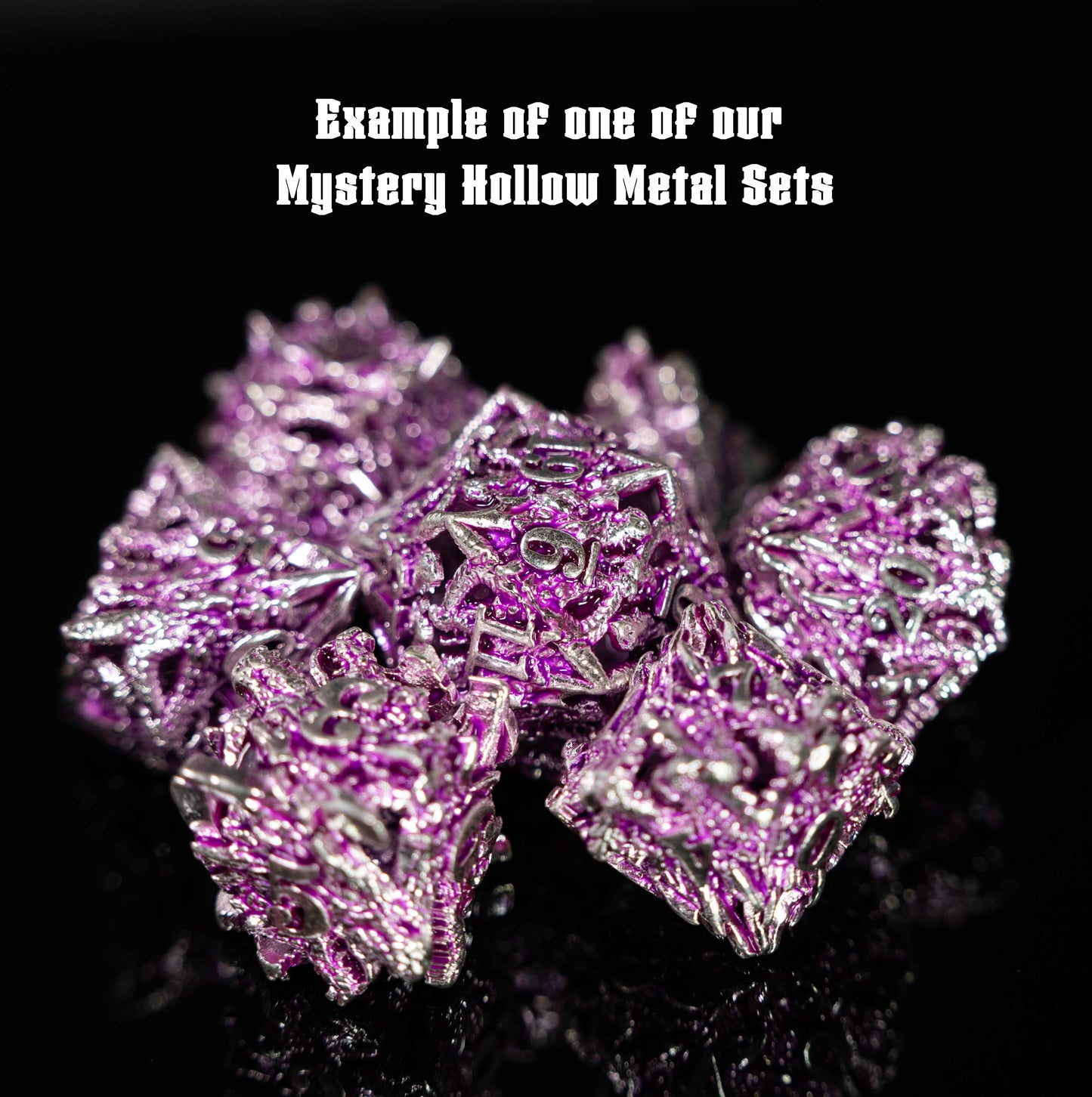 mystery hollow metal dungeons and dragons (aka dnd or d&d) game dice set, including a d20, d12, d10, d8, d6, and d4