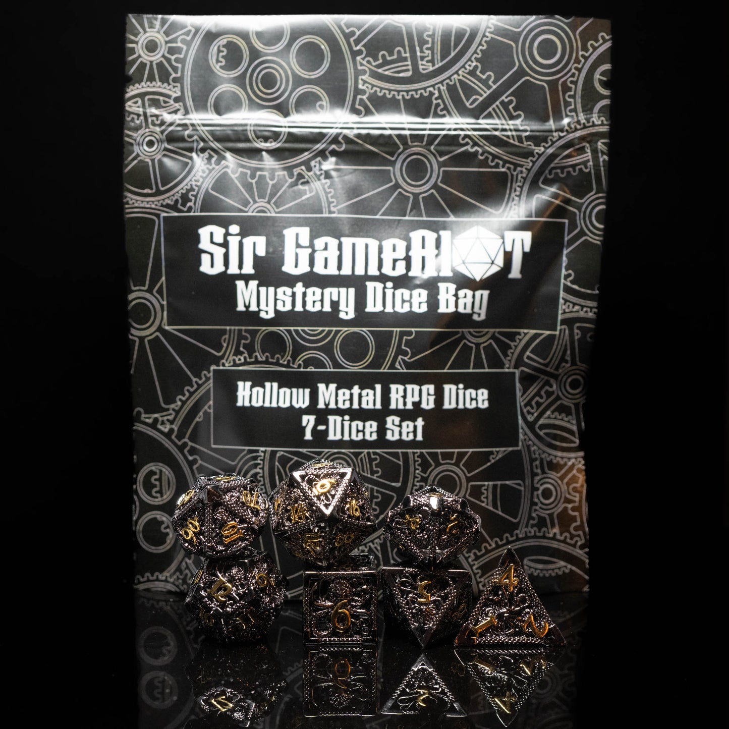 mystery hollow metal dungeons and dragons (aka dnd or d&d) game dice set, including a d20, d12, d10, d8, d6, and d4