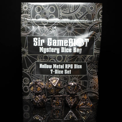 mystery hollow metal dungeons and dragons (aka dnd or d&d) game dice set, including a d20, d12, d10, d8, d6, and d4