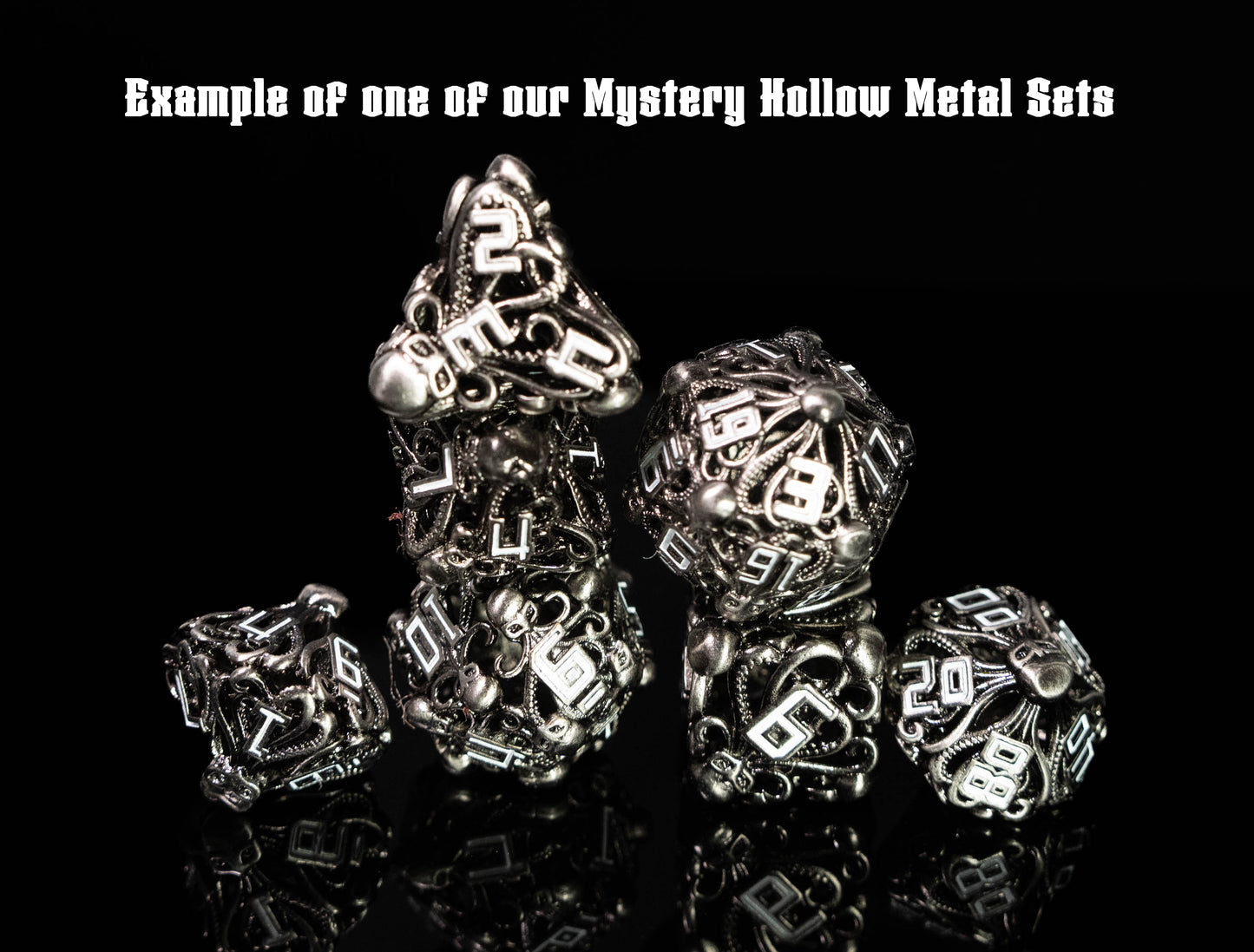 mystery hollow metal dungeons and dragons (aka dnd or d&d) game dice set, including a d20, d12, d10, d8, d6, and d4