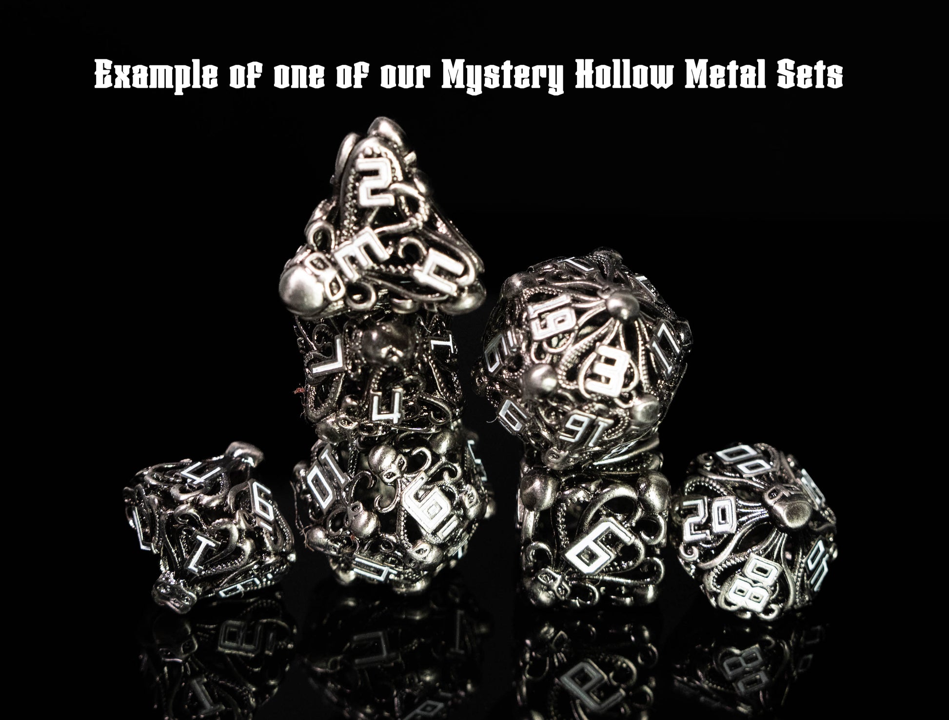 mystery hollow metal dungeons and dragons (aka dnd or d&d) game dice set, including a d20, d12, d10, d8, d6, and d4