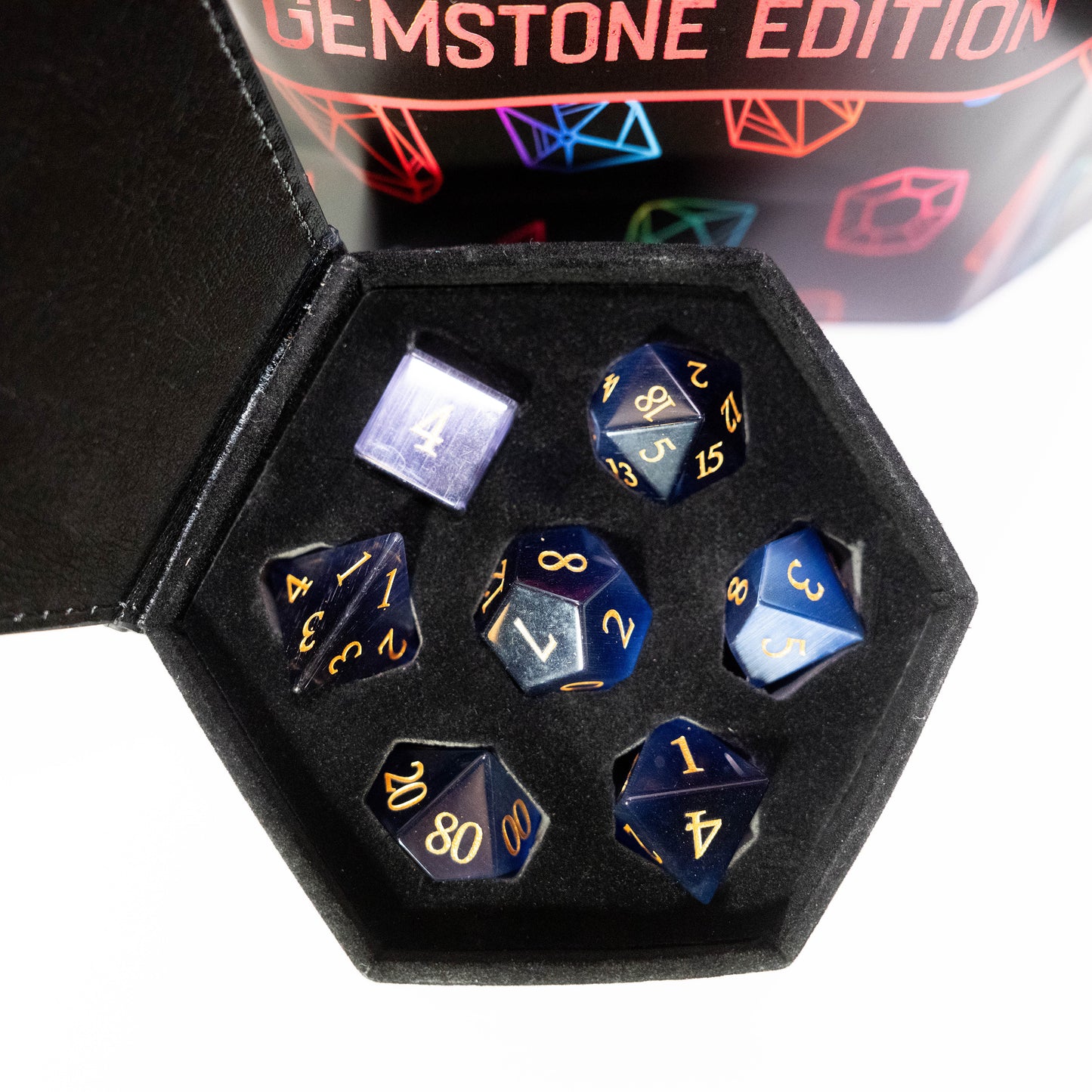 mystery matching glass and gemstone dungeons and dragons (aka dnd or d&d) game dice set, including a d20, d12, d10, d8, d6, and d4