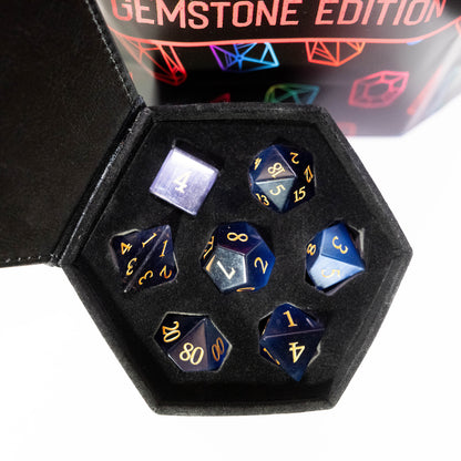 mystery matching glass and gemstone dungeons and dragons (aka dnd or d&d) game dice set, including a d20, d12, d10, d8, d6, and d4
