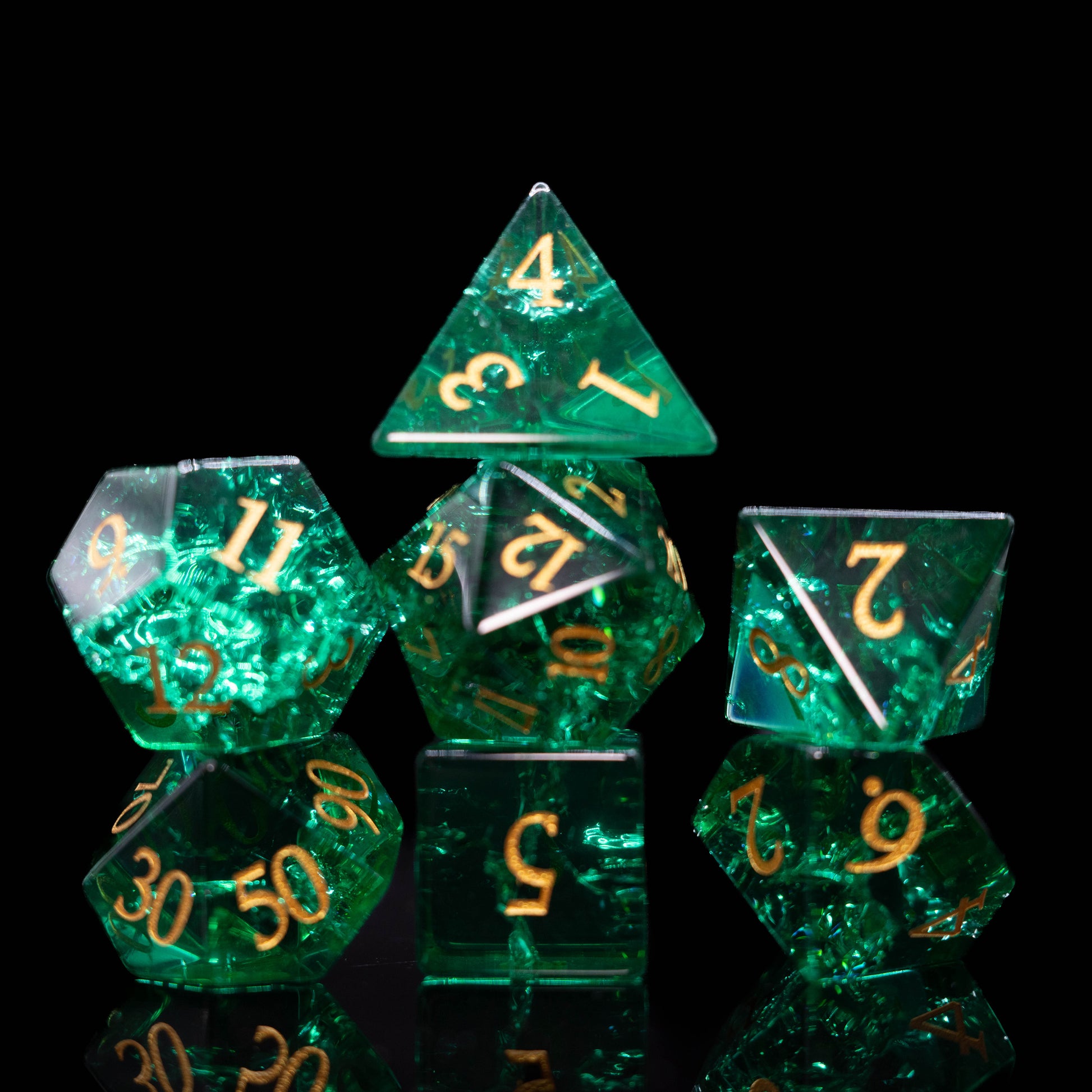 mystery matching glass and gemstone dungeons and dragons (aka dnd or d&d) game dice set, including a d20, d12, d10, d8, d6, and d4