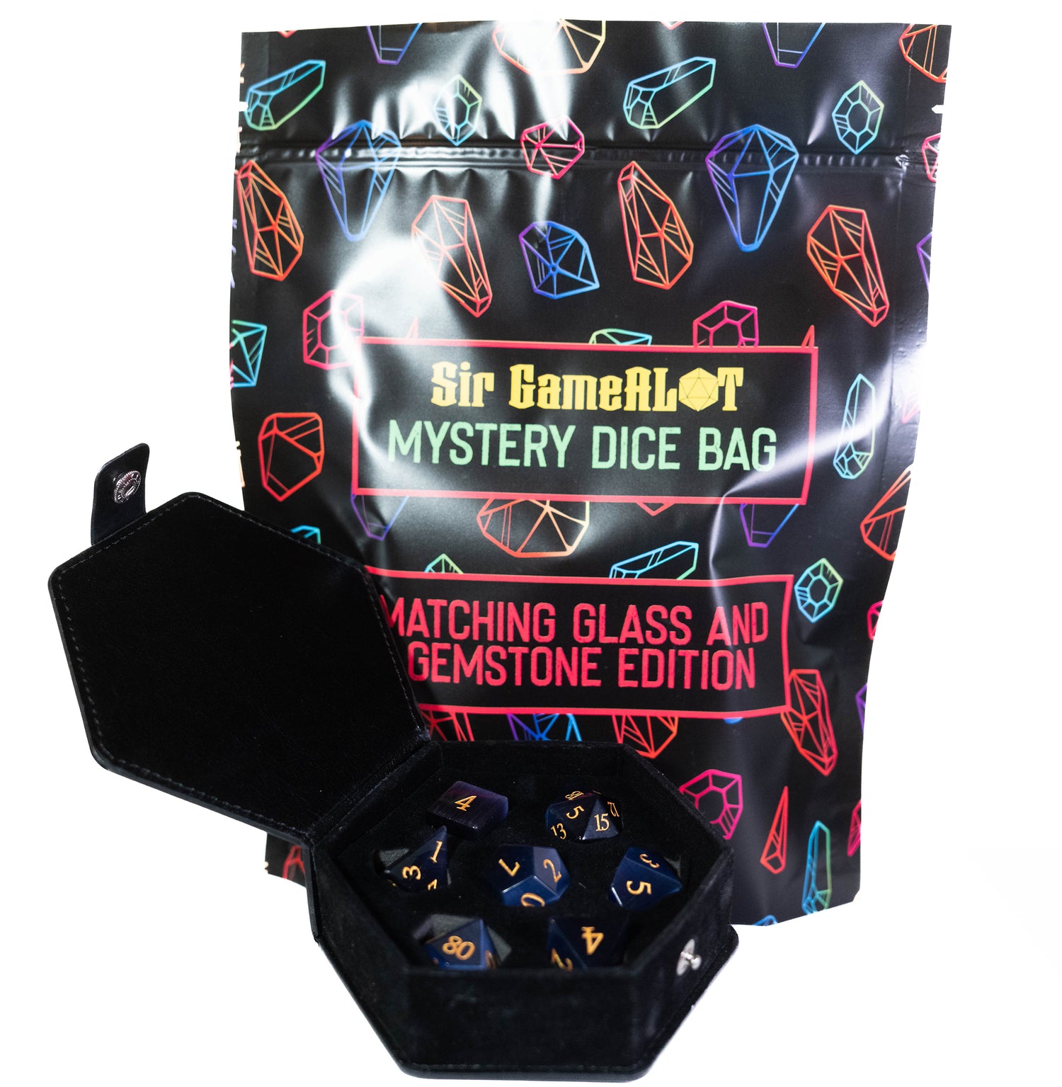 mystery matching glass and gemstone dungeons and dragons (aka dnd or d&d) game dice set, including a d20, d12, d10, d8, d6, and d4