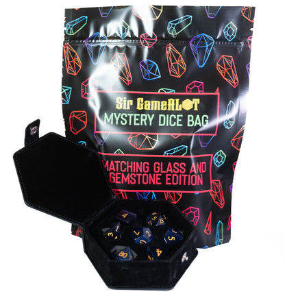 mystery matching glass and gemstone dungeons and dragons (aka dnd or d&d) game dice set, including a d20, d12, d10, d8, d6, and d4