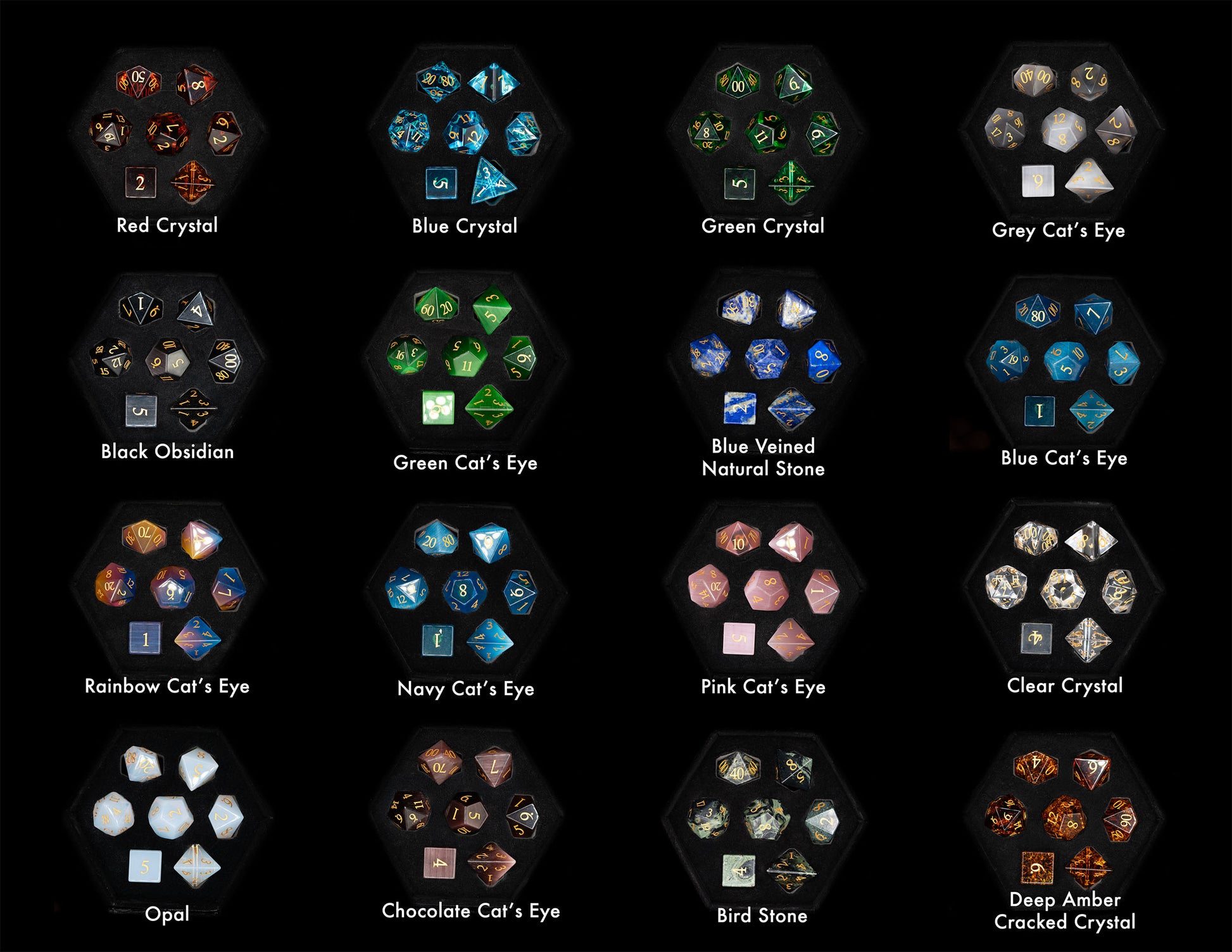 mystery matching glass and gemstone dungeons and dragons (aka dnd or d&d) game dice set, including a d20, d12, d10, d8, d6, and d4