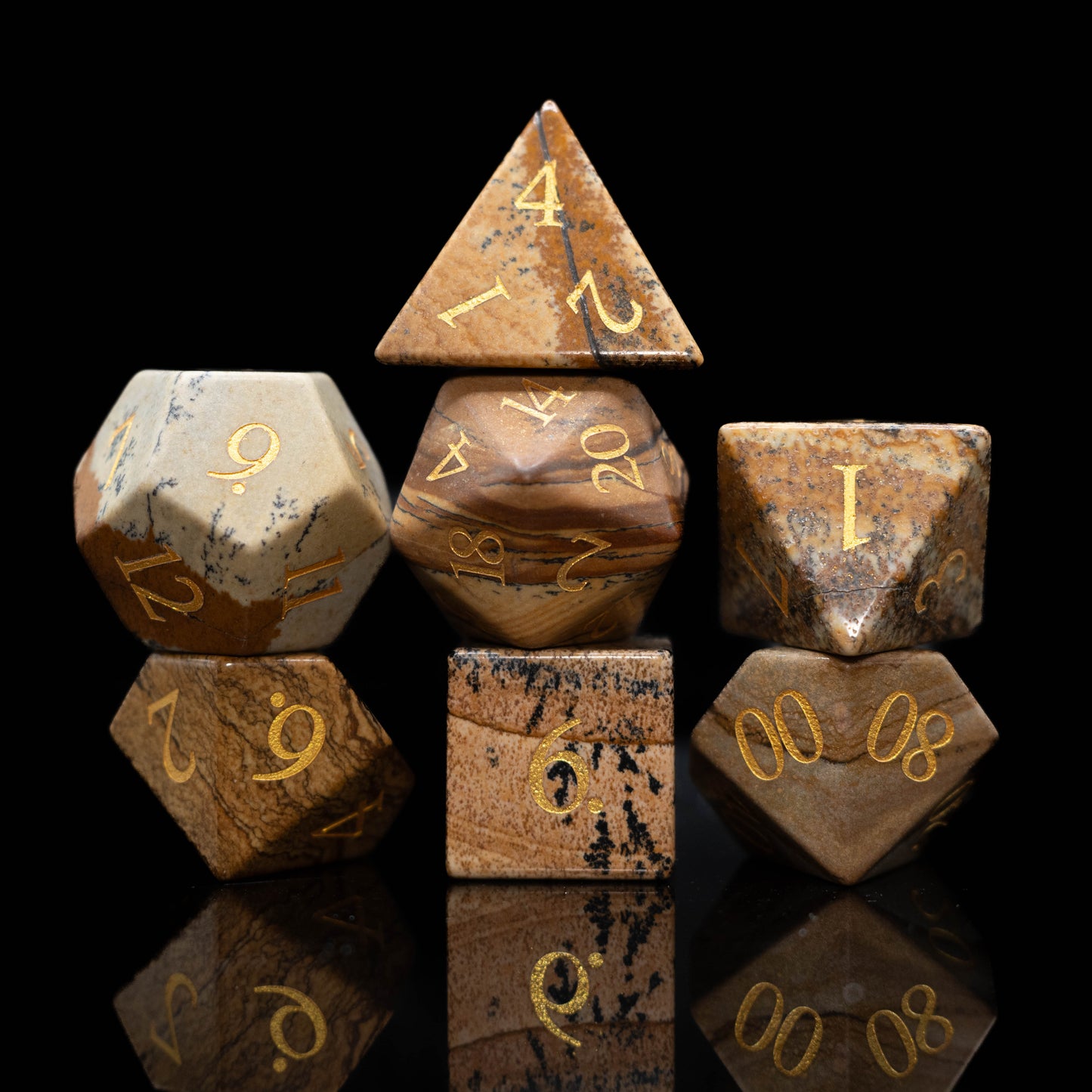 mystery matching glass and gemstone dungeons and dragons (aka dnd or d&d) game dice set, including a d20, d12, d10, d8, d6, and d4