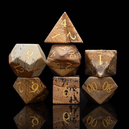 mystery matching glass and gemstone dungeons and dragons (aka dnd or d&d) game dice set, including a d20, d12, d10, d8, d6, and d4