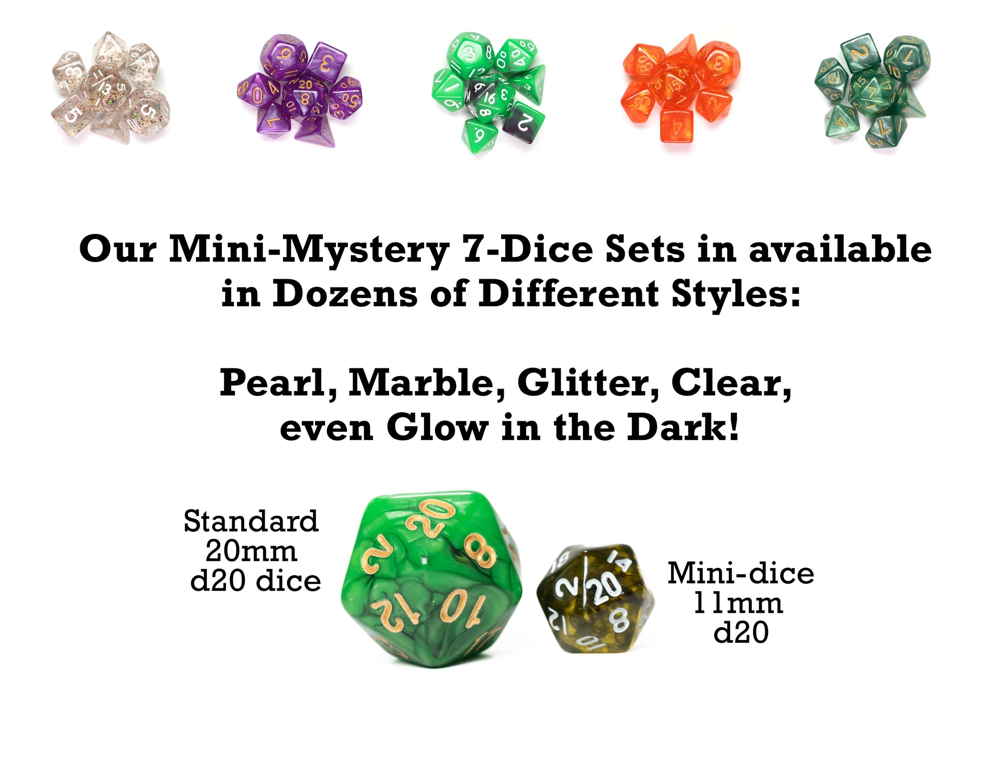 mystery mini acrylic dungeons and dragons (aka dnd or d&d) game dice set, including a d20, d12, d10, d8, d6, and d4