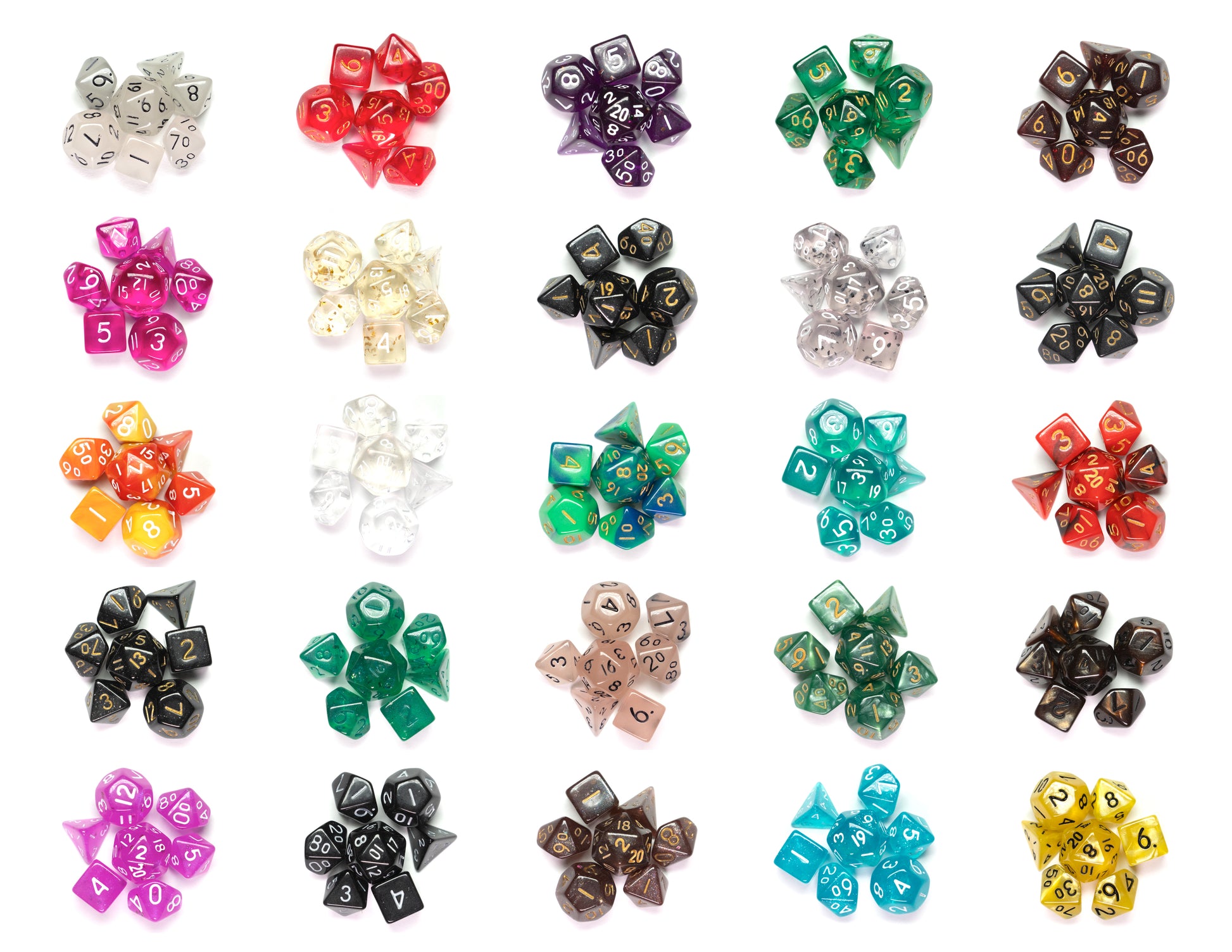 mystery mini acrylic dungeons and dragons (aka dnd or d&d) game dice set, including a d20, d12, d10, d8, d6, and d4