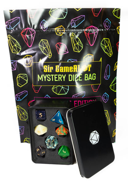 mystery mixed glass and gemstone dungeons and dragons (aka dnd or d&d) game dice set, including a d20, d12, d10, d8, d6, and d4