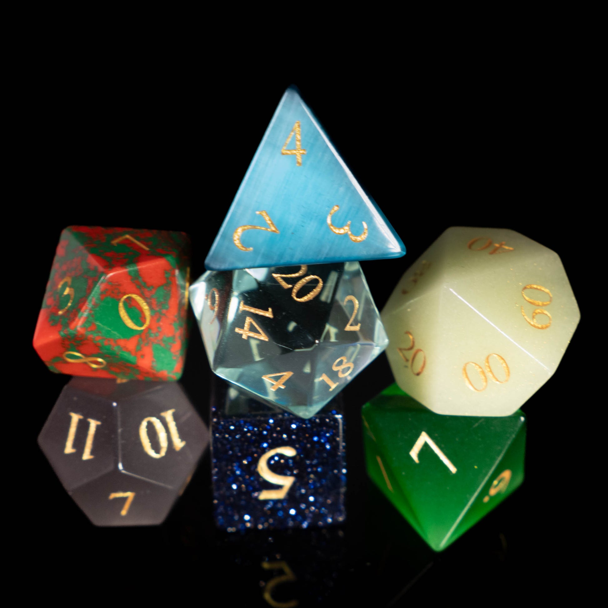 mystery mixed glass and gemstone dungeons and dragons (aka dnd or d&d) game dice set, including a d20, d12, d10, d8, d6, and d4