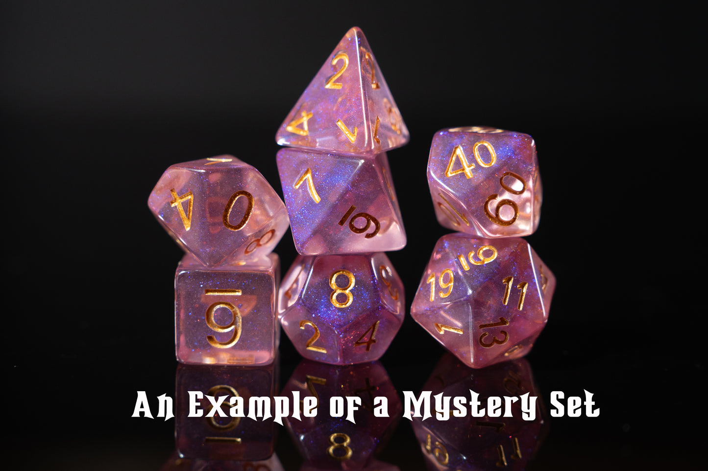 mystery resin dungeons and dragons (aka dnd or d&d) game dice set, including a d20, d12, d10, d8, d6, and d4