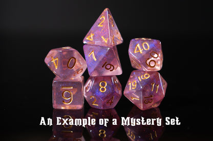 mystery resin dungeons and dragons (aka dnd or d&d) game dice set, including a d20, d12, d10, d8, d6, and d4