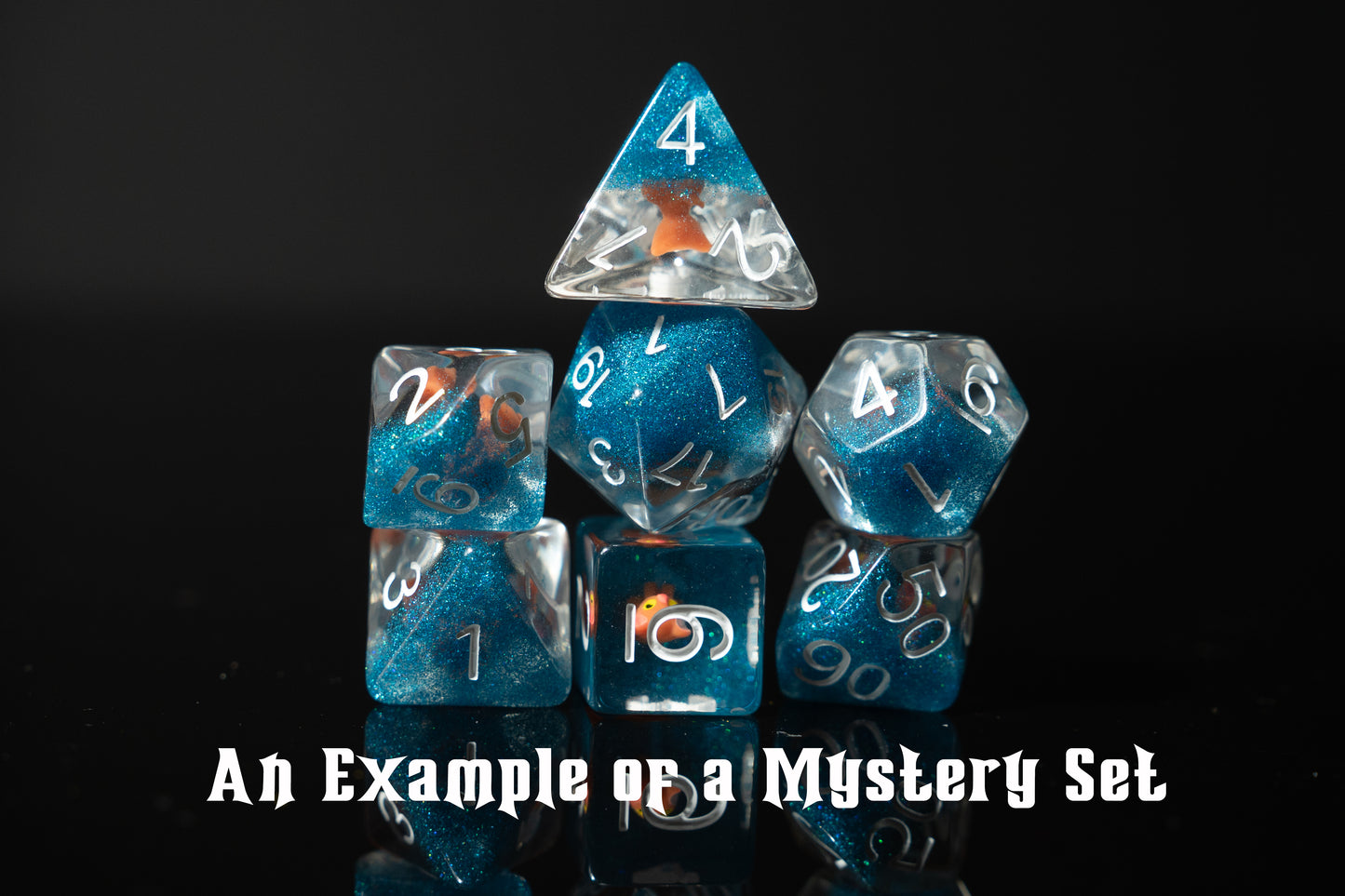 mystery resin dungeons and dragons (aka dnd or d&d) game dice set, including a d20, d12, d10, d8, d6, and d4