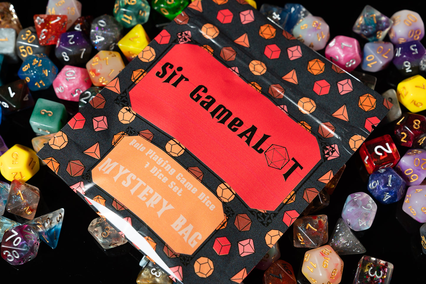 mystery resin dungeons and dragons (aka dnd or d&d) game dice set, including a d20, d12, d10, d8, d6, and d4